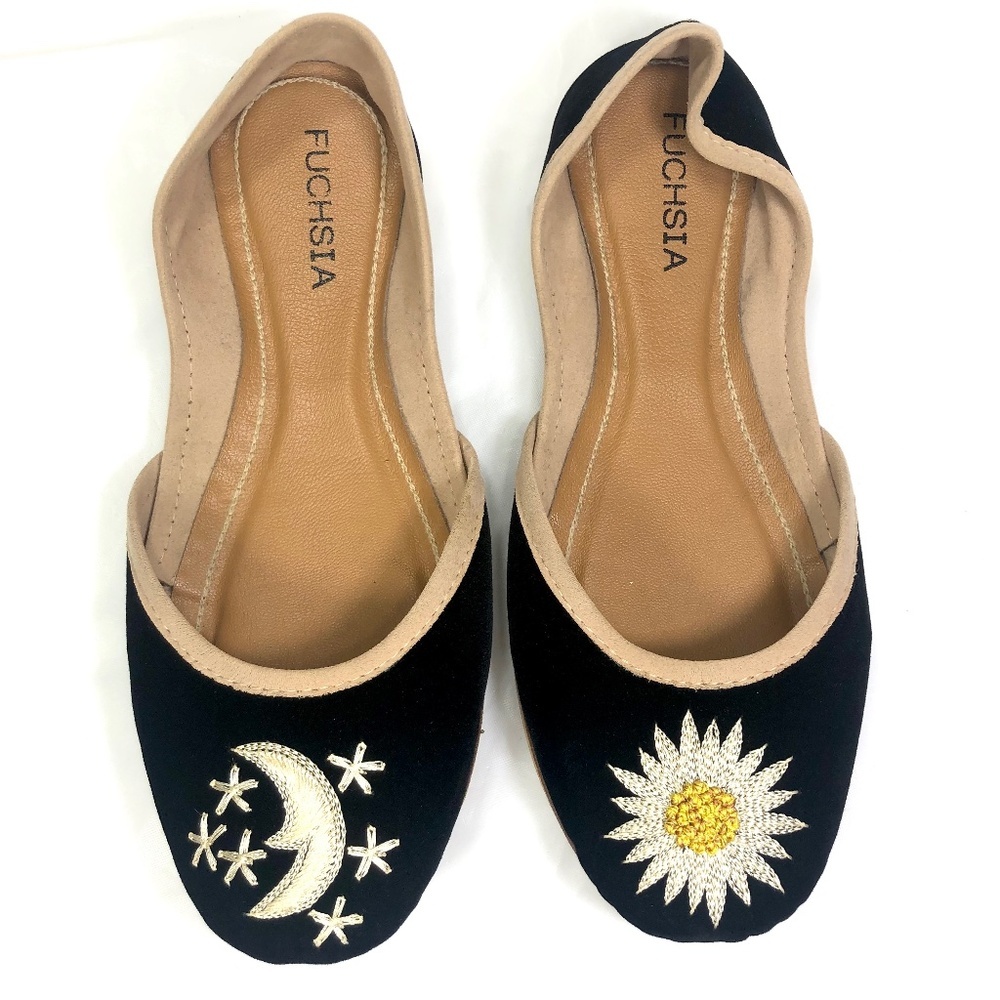 Fuchsia Sun Moon Flats Black Embroidered Velvet Slipper Soft Vegan Suede Slip On